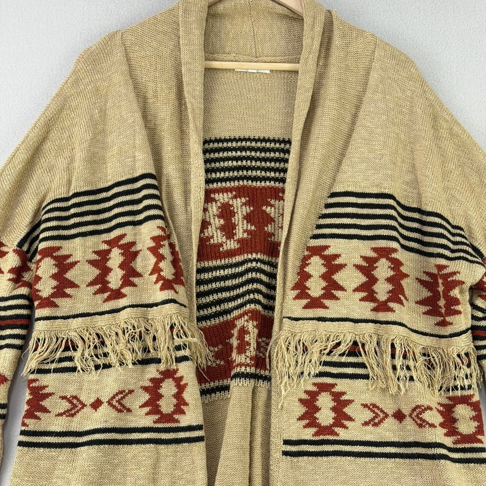 Maurices Southwestern Fringe Cardigan Sweater Womens XL Brown Aztec Open Front - Picture 2 of 8